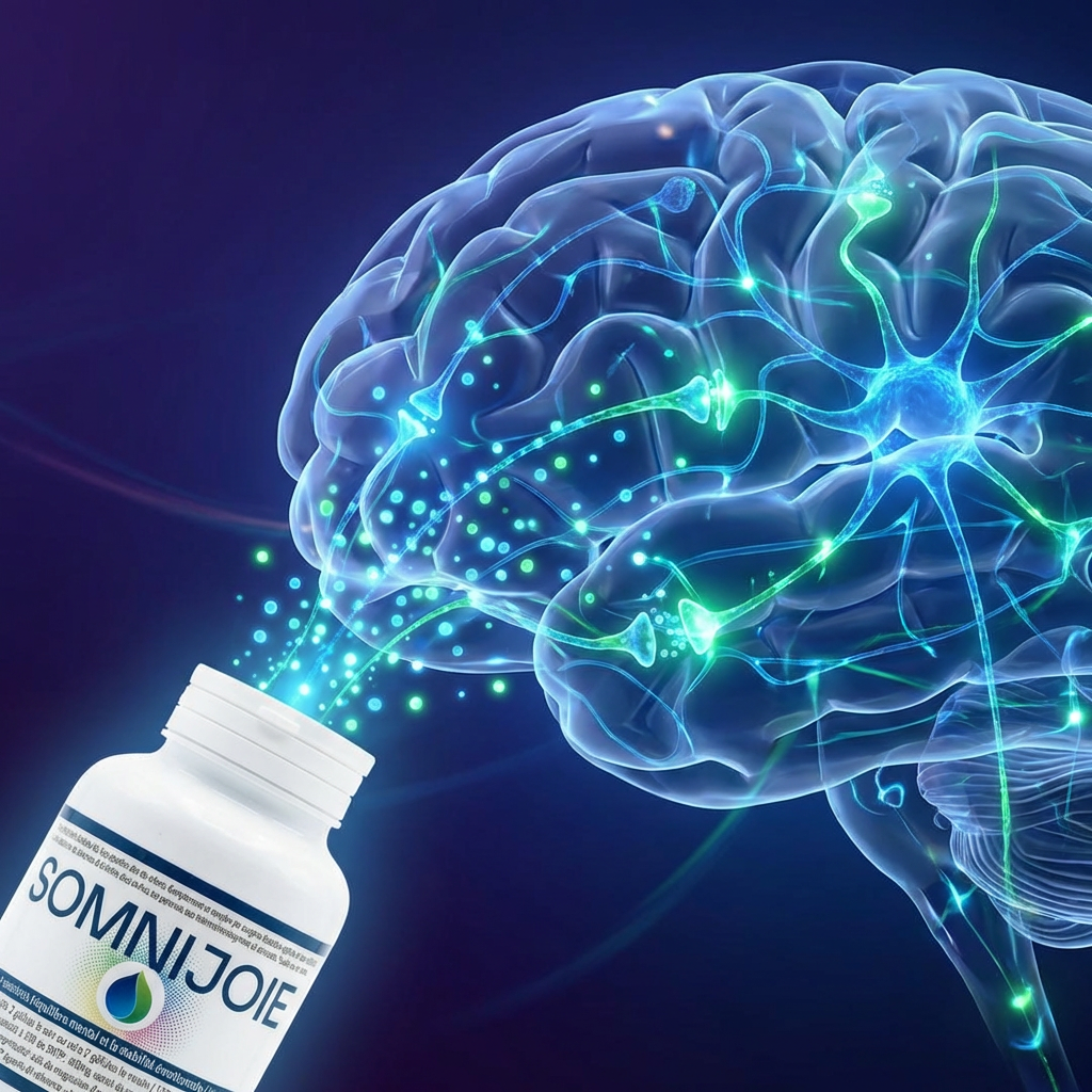 Représentation symbolique des connexions neuronales et des neurotransmetteurs, illustrant l'action ciblée des produits comme SomniJoie.